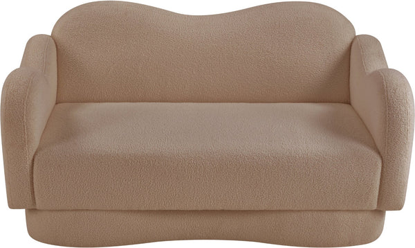Meridian Furniture Bloom Sculptural Loveseat with Curved Cloud Silhouette and Plush Upholstery for Modern Living Beige Faux Shearling Teddy Fabric 44006Beige-L