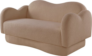 Meridian Furniture Bloom Sculptural Loveseat with Curved Cloud Silhouette and Plush Upholstery for Modern Living Beige Faux Shearling Teddy Fabric 44006Beige-L