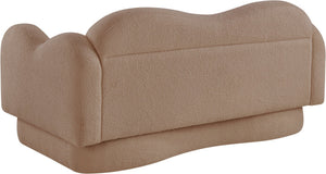Meridian Furniture Bloom Sculptural Loveseat with Curved Cloud Silhouette and Plush Upholstery for Modern Living Beige Faux Shearling Teddy Fabric 44006Beige-L