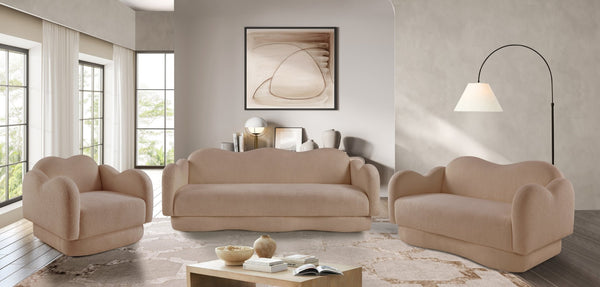Meridian Furniture Bloom Sculptural Loveseat with Curved Cloud Silhouette and Plush Upholstery for Modern Living Beige Faux Shearling Teddy Fabric 44006Beige-L