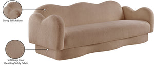 Meridian Furniture Bloom Sculptural Curved Sofa with Cloud Silhouette Seats Three for Modern Living Rooms Beige Faux Shearling Teddy Fabric 44006Beige-S