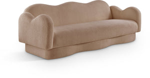 Meridian Furniture Bloom Sculptural Curved Sofa with Cloud Silhouette Seats Three for Modern Living Rooms Beige Faux Shearling Teddy Fabric 44006Beige-S