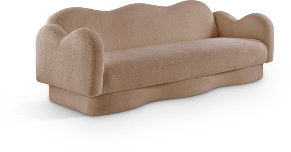 Meridian Furniture Bloom Sculptural Curved Sofa with Cloud Silhouette Seats Three for Modern Living Rooms Beige Faux Shearling Teddy Fabric 44006Beige-S