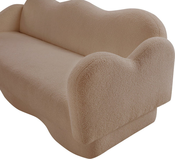 Meridian Furniture Bloom Sculptural Curved Sofa with Cloud Silhouette Seats Three for Modern Living Rooms Beige Faux Shearling Teddy Fabric 44006Beige-S