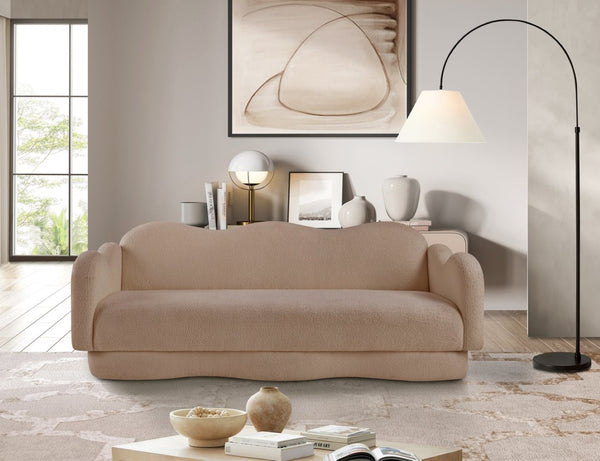 Meridian Furniture Bloom Sculptural Curved Sofa with Cloud Silhouette Seats Three for Modern Living Rooms Beige Faux Shearling Teddy Fabric 44006Beige-S