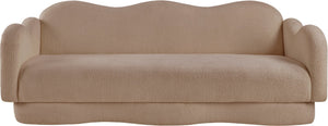Meridian Furniture Bloom Sculptural Curved Sofa with Cloud Silhouette Seats Three for Modern Living Rooms Beige Faux Shearling Teddy Fabric 44006Beige-S