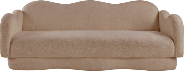 Meridian Furniture Bloom Sculptural Curved Sofa with Cloud Silhouette Seats Three for Modern Living Rooms Beige Faux Shearling Teddy Fabric 44006Beige-S
