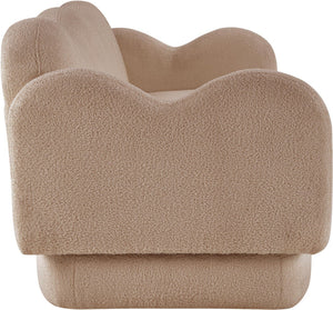 Meridian Furniture Bloom Sculptural Curved Sofa with Cloud Silhouette Seats Three for Modern Living Rooms Beige Faux Shearling Teddy Fabric 44006Beige-S