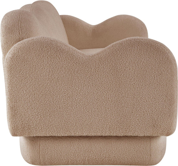 Meridian Furniture Bloom Sculptural Curved Sofa with Cloud Silhouette Seats Three for Modern Living Rooms Beige Faux Shearling Teddy Fabric 44006Beige-S