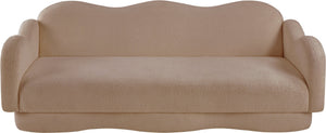 Meridian Furniture Bloom Sculptural Curved Sofa with Cloud Silhouette Seats Three for Modern Living Rooms Beige Faux Shearling Teddy Fabric 44006Beige-S