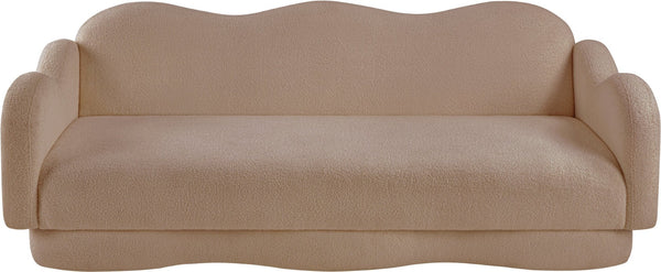 Meridian Furniture Bloom Sculptural Curved Sofa with Cloud Silhouette Seats Three for Modern Living Rooms Beige Faux Shearling Teddy Fabric 44006Beige-S
