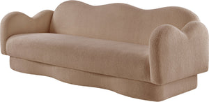 Meridian Furniture Bloom Sculptural Curved Sofa with Cloud Silhouette Seats Three for Modern Living Rooms Beige Faux Shearling Teddy Fabric 44006Beige-S