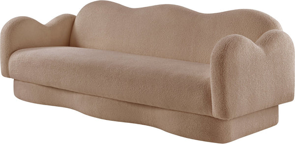 Meridian Furniture Bloom Sculptural Curved Sofa with Cloud Silhouette Seats Three for Modern Living Rooms Beige Faux Shearling Teddy Fabric 44006Beige-S