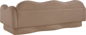 Meridian Furniture Bloom Sculptural Curved Sofa with Cloud Silhouette Seats Three for Modern Living Rooms Beige Faux Shearling Teddy Fabric 44006Beige-S