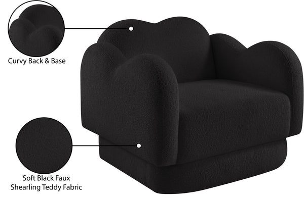 Meridian Furniture Bloom Sculptural Accent Chair Plush Curved Back Design for Modern Living Room or Bedroom Black Faux Shearling Teddy Fabric 44006Black-C