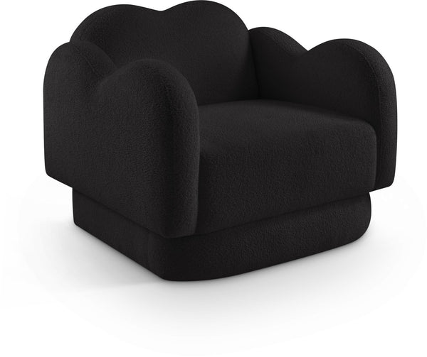 Meridian Furniture Bloom Sculptural Accent Chair Plush Curved Back Design for Modern Living Room or Bedroom Black Faux Shearling Teddy Fabric 44006Black-C