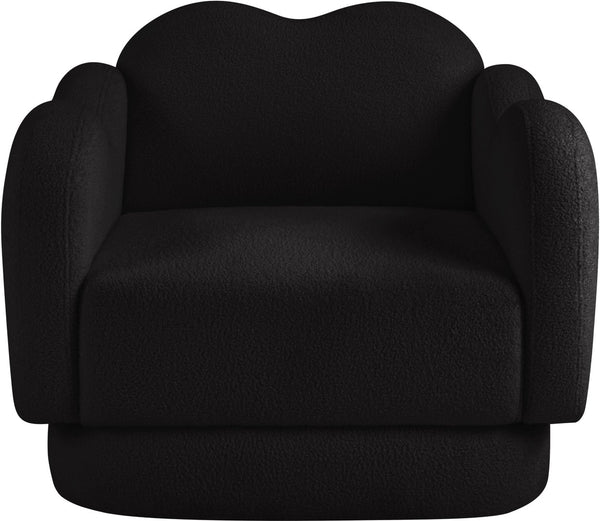 Meridian Furniture Bloom Sculptural Accent Chair Plush Curved Back Design for Modern Living Room or Bedroom Black Faux Shearling Teddy Fabric 44006Black-C
