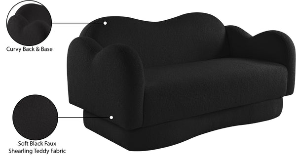 Meridian Furniture Bloom Sculptural Loveseat with Curved Cloud Silhouette and Plush Upholstery for Modern Living Black Faux Shearling Teddy Fabric 44006Black-L