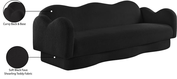 Meridian Furniture Bloom Sculptural Curved Sofa with Cloud Silhouette Seats Three for Modern Living Rooms Black Faux Shearling Teddy Fabric 44006Black-S