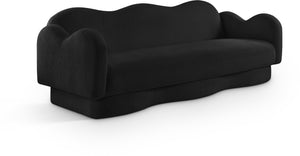 Meridian Furniture Bloom Sculptural Curved Sofa with Cloud Silhouette Seats Three for Modern Living Rooms Black Faux Shearling Teddy Fabric 44006Black-S