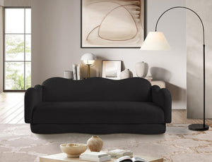 Meridian Furniture Bloom Sculptural Curved Sofa with Cloud Silhouette Seats Three for Modern Living Rooms Black Faux Shearling Teddy Fabric 44006Black-S