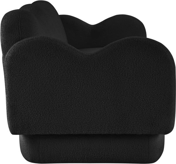 Meridian Furniture Bloom Sculptural Curved Sofa with Cloud Silhouette Seats Three for Modern Living Rooms Black Faux Shearling Teddy Fabric 44006Black-S