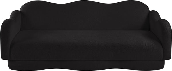 Meridian Furniture Bloom Sculptural Curved Sofa with Cloud Silhouette Seats Three for Modern Living Rooms Black Faux Shearling Teddy Fabric 44006Black-S