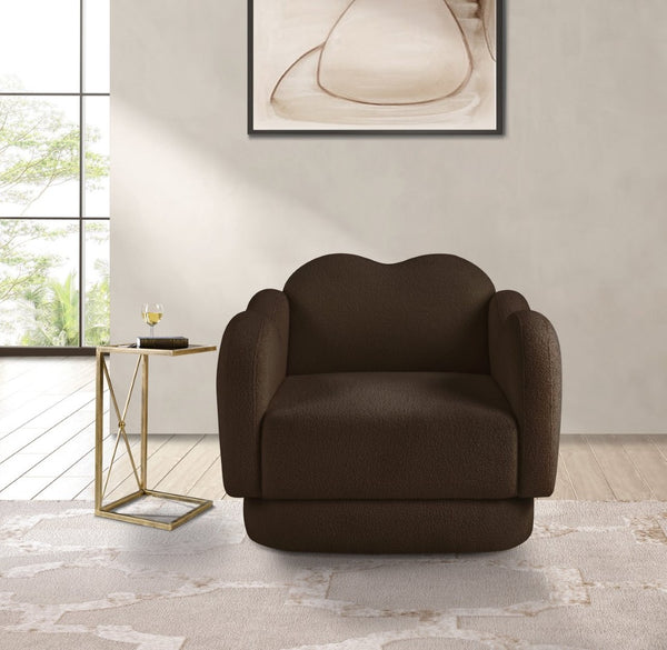 Meridian Furniture Bloom Sculptural Accent Chair Plush Curved Back Design for Modern Living Room or Bedroom Brown Faux Shearling Teddy Fabric 44006Brown-C