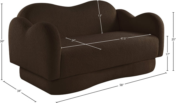 Meridian Furniture Bloom Sculptural Loveseat with Curved Cloud Silhouette and Plush Upholstery for Modern Living Brown Faux Shearling Teddy Fabric 44006Brown-L