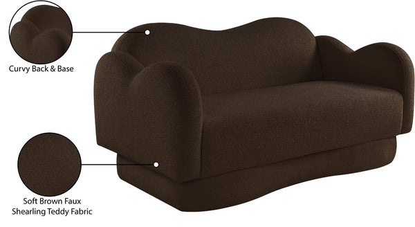 Meridian Furniture Bloom Sculptural Loveseat with Curved Cloud Silhouette and Plush Upholstery for Modern Living Brown Faux Shearling Teddy Fabric 44006Brown-L