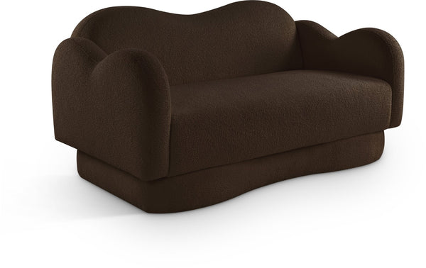 Meridian Furniture Bloom Sculptural Loveseat with Curved Cloud Silhouette and Plush Upholstery for Modern Living Brown Faux Shearling Teddy Fabric 44006Brown-L