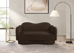 Meridian Furniture Bloom Sculptural Loveseat with Curved Cloud Silhouette and Plush Upholstery for Modern Living Brown Faux Shearling Teddy Fabric 44006Brown-L