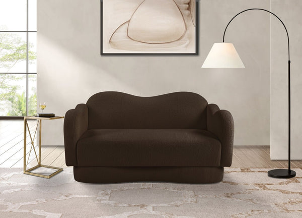 Meridian Furniture Bloom Sculptural Loveseat with Curved Cloud Silhouette and Plush Upholstery for Modern Living Brown Faux Shearling Teddy Fabric 44006Brown-L
