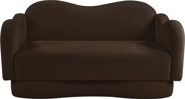 Meridian Furniture Bloom Sculptural Loveseat with Curved Cloud Silhouette and Plush Upholstery for Modern Living Brown Faux Shearling Teddy Fabric 44006Brown-L