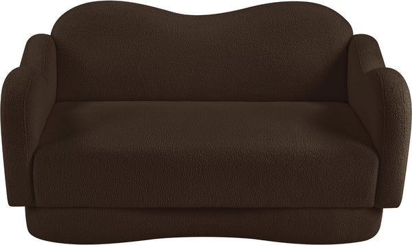 Meridian Furniture Bloom Sculptural Loveseat with Curved Cloud Silhouette and Plush Upholstery for Modern Living Brown Faux Shearling Teddy Fabric 44006Brown-L