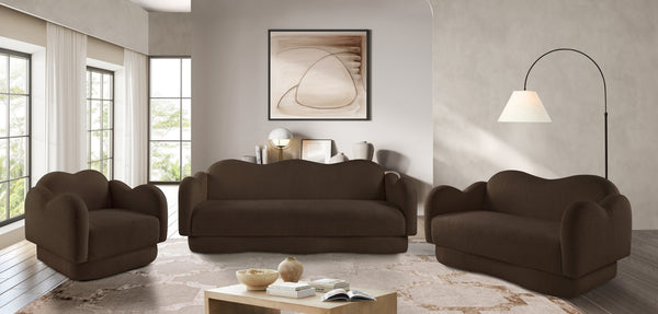 Meridian Furniture Bloom Sculptural Loveseat with Curved Cloud Silhouette and Plush Upholstery for Modern Living Brown Faux Shearling Teddy Fabric 44006Brown-L
