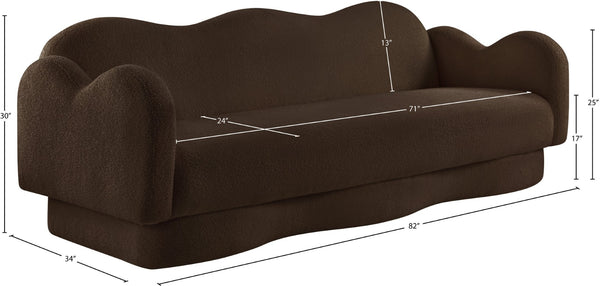Meridian Furniture Bloom Sculptural Curved Sofa with Cloud Silhouette Seats Three for Modern Living Rooms Brown Faux Shearling Teddy Fabric 44006Brown-S