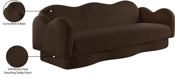 Meridian Furniture Bloom Sculptural Curved Sofa with Cloud Silhouette Seats Three for Modern Living Rooms Brown Faux Shearling Teddy Fabric 44006Brown-S