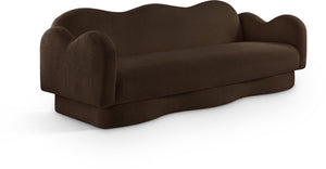 Meridian Furniture Bloom Sculptural Curved Sofa with Cloud Silhouette Seats Three for Modern Living Rooms Brown Faux Shearling Teddy Fabric 44006Brown-S