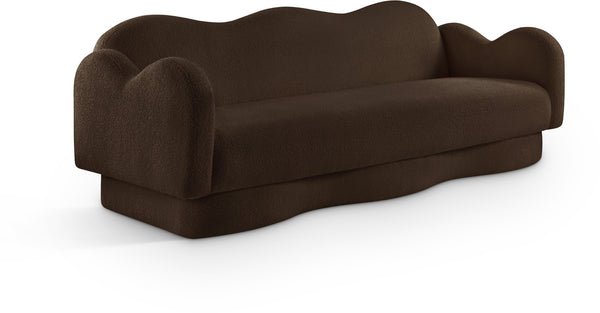 Meridian Furniture Bloom Sculptural Curved Sofa with Cloud Silhouette Seats Three for Modern Living Rooms Brown Faux Shearling Teddy Fabric 44006Brown-S
