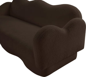 Meridian Furniture Bloom Sculptural Curved Sofa with Cloud Silhouette Seats Three for Modern Living Rooms Brown Faux Shearling Teddy Fabric 44006Brown-S