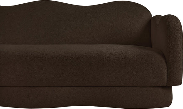 Meridian Furniture Bloom Sculptural Curved Sofa with Cloud Silhouette Seats Three for Modern Living Rooms Brown Faux Shearling Teddy Fabric 44006Brown-S