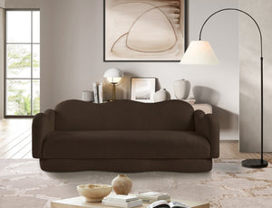 Meridian Furniture Bloom Sculptural Curved Sofa with Cloud Silhouette Seats Three for Modern Living Rooms Brown Faux Shearling Teddy Fabric 44006Brown-S