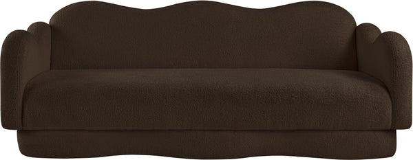 Meridian Furniture Bloom Sculptural Curved Sofa with Cloud Silhouette Seats Three for Modern Living Rooms Brown Faux Shearling Teddy Fabric 44006Brown-S