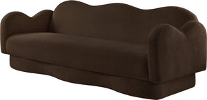 Meridian Furniture Bloom Sculptural Curved Sofa with Cloud Silhouette Seats Three for Modern Living Rooms Brown Faux Shearling Teddy Fabric 44006Brown-S