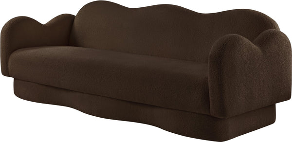 Meridian Furniture Bloom Sculptural Curved Sofa with Cloud Silhouette Seats Three for Modern Living Rooms Brown Faux Shearling Teddy Fabric 44006Brown-S