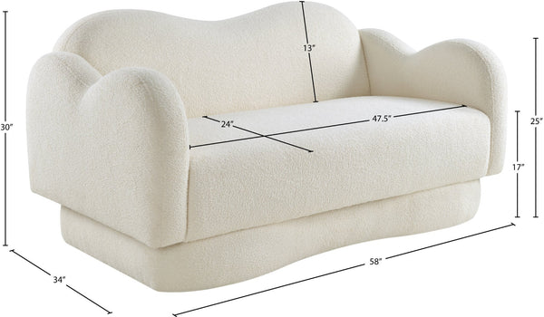 Meridian Furniture Bloom Sculptural Loveseat with Curved Cloud Silhouette and Plush Upholstery for Modern Living Cream Faux Shearling Teddy Fabric 44006Cream-L