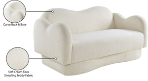 Meridian Furniture Bloom Sculptural Loveseat with Curved Cloud Silhouette and Plush Upholstery for Modern Living Cream Faux Shearling Teddy Fabric 44006Cream-L