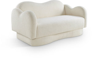 Meridian Furniture Bloom Sculptural Loveseat with Curved Cloud Silhouette and Plush Upholstery for Modern Living Cream Faux Shearling Teddy Fabric 44006Cream-L