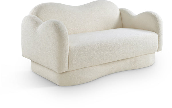 Meridian Furniture Bloom Sculptural Loveseat with Curved Cloud Silhouette and Plush Upholstery for Modern Living Cream Faux Shearling Teddy Fabric 44006Cream-L